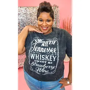 Tees2urdoor Women's Mineral Washed Black Basic Cotton Short-Sleeve Graphic T-Shirt - Round/Crew Neck, "Smooth as Tennessee Whiskey" Print, Casual Top, Fits Everyday Style