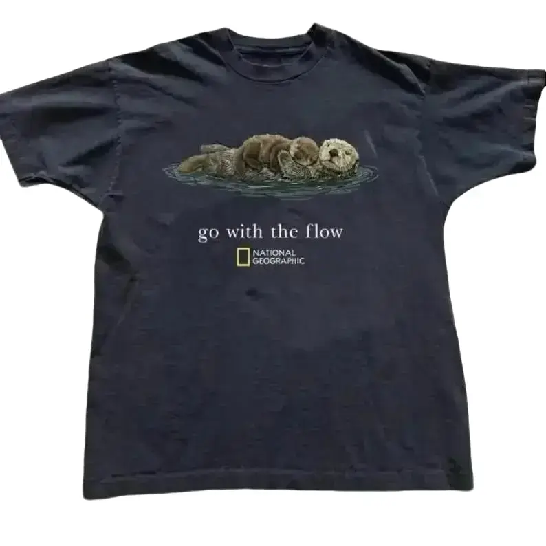 Go With The Flow Otter Graphic T-Shirt, Unisex Vintage Style Short Sleeve Streetwear Top, Casual Round Neck Cotton Tee for Animal Lovers, Tops, Shortsleeve, Women's Clothes, Clothes For Women, Trending Clothes