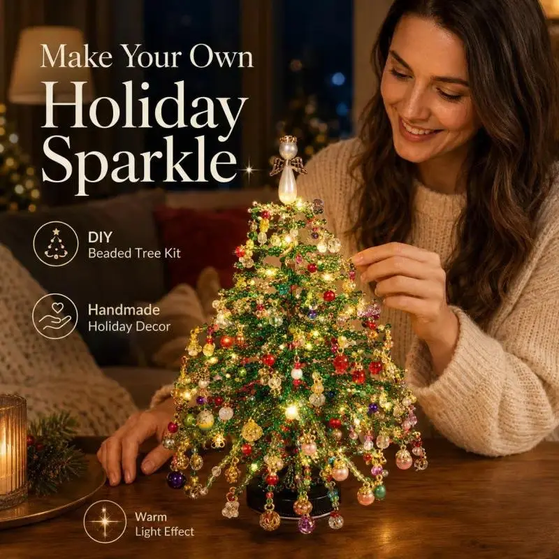DIY Beaded Christmas Tree Kit[Assembly Required], Crystal Christmas Craft Set with Colorful Beads, Ornament Charms, Metal Tree Frame & Angel Topper, Handmade Holiday Decor, Warm Glow Tabletop Decoration, Creative Christmas Gift