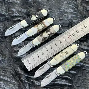 Damascus Steel Folding Pocket Knife with AntlerHandle - 1.38 inches Blade Handmade Pocket Knives - Perfect Anniversary or Fathers Day Gift, for Hunting, Camping - Gift for Husband, Dad, Boyfriend,