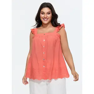 BLOOMCHIC Women's Plus Size Sleeveless Cotton Embroidered Ruffled Strap Tank Top - Smooth Fabric Garment, Basic Style, M-6X Sizes, 2026 Summer Vibes Swimweek