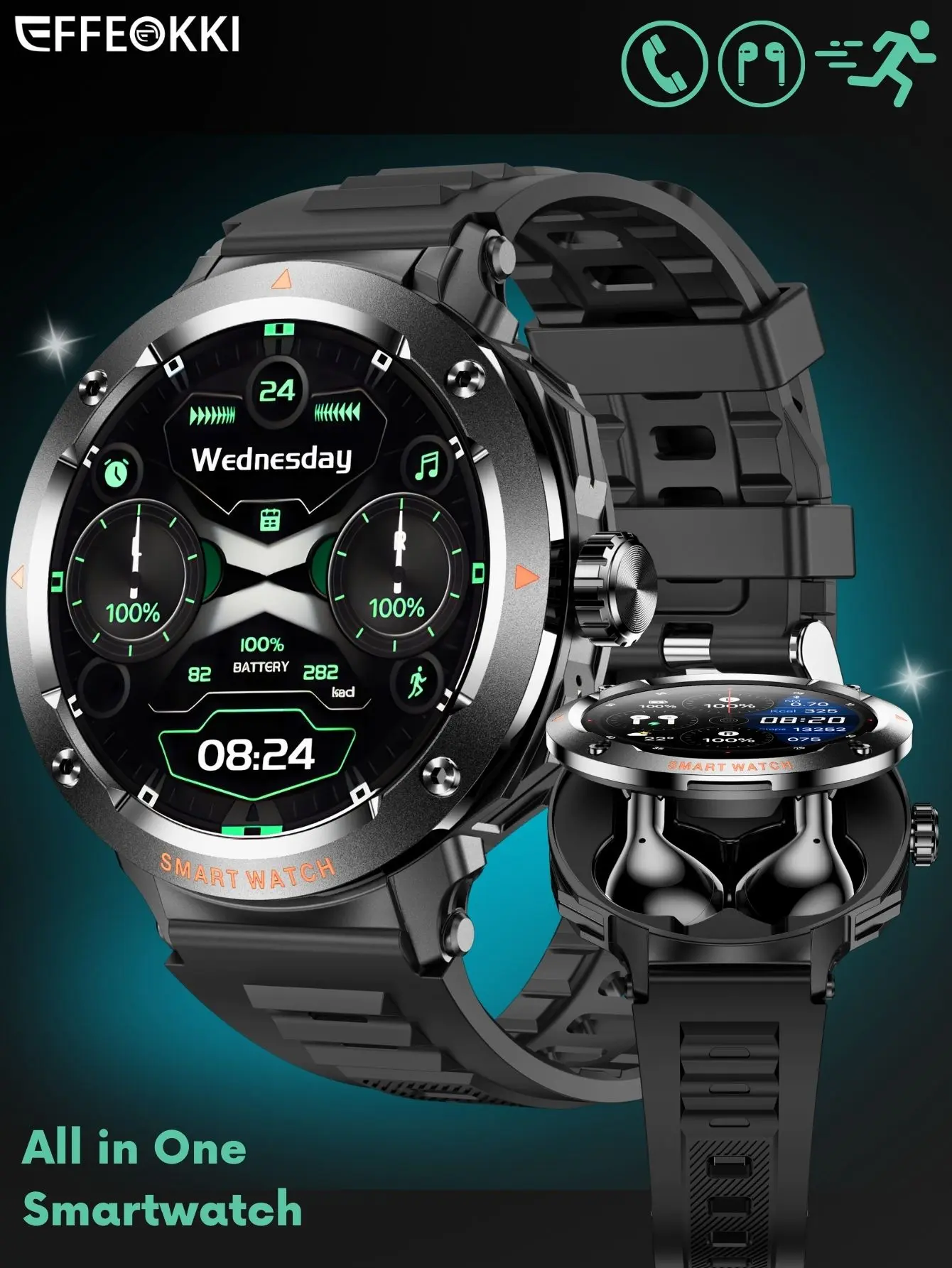 TWS 2-in-1 Smartwatch with Earbuds - Zinc Alloy Bezel, 1.46" Round Display, Wireless Call Function, Music Playback, NFC, Multiple Sports Modes, Fitness Tracking, Compatible with iPhone Android Smartphone
