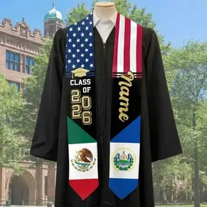 Custom Dual-Heritage Graduation Stole - USA Mexico El Salvador Graduation Sash - Personalized Class of 2026 Name Stole - Multi-Flag Latino Heritage Gift