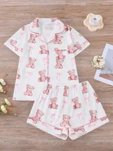Cute Bow Bear Print Women's Pajama Set, Short Sleeve Shirt Collar Button Soft Top & Elastic Shorts, Casual Home Wear, Loungewear, Nightwear
