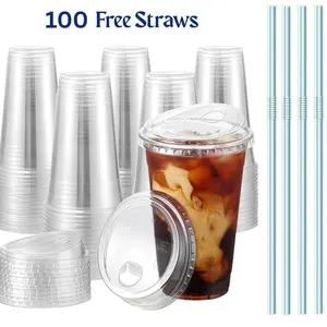 100 Cups+100 Straws Sets, 16oz-20oz-24oz Crystal Clear Plastic Cups With Strawless Sip-Lids, BPA Free Disposable Plastic Cups with Lids, To Go Cups for Iced Coffee