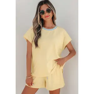 Yellow Cream Soft Ribbed Color Block Trim Casual Short Set