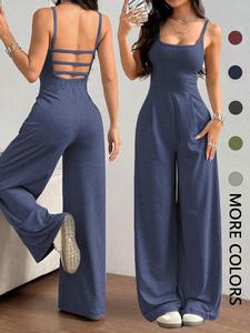 women's solid color backless jumpsuit, 1 count casual comfy wide leg jumpsuit for summer, women's jumpsuit for daily wear, womenswear