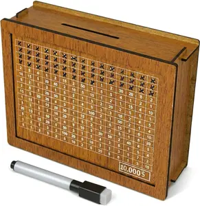$10,000 Savings Challenge Wooden Money Box, Money Savings Tracker with Number Grid, Cash Savings Jar for Adults, Financial Goal Piggy Bank for Home & Office Decor
