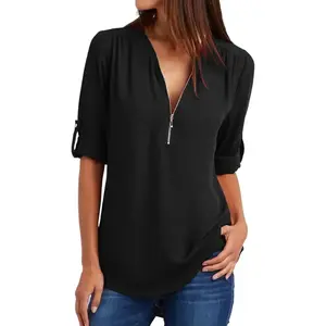 Chiffon V-Neck Zipper Blouse | Loose Fit Summer Top | Plus Size Long Sleeve Fashion