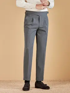 Men's Italian Naples Trousers Double Pleated Straight Leg Business Casual Pants Navy Blue Machine Washable for Autumn Winter Office Semi Formal Wear