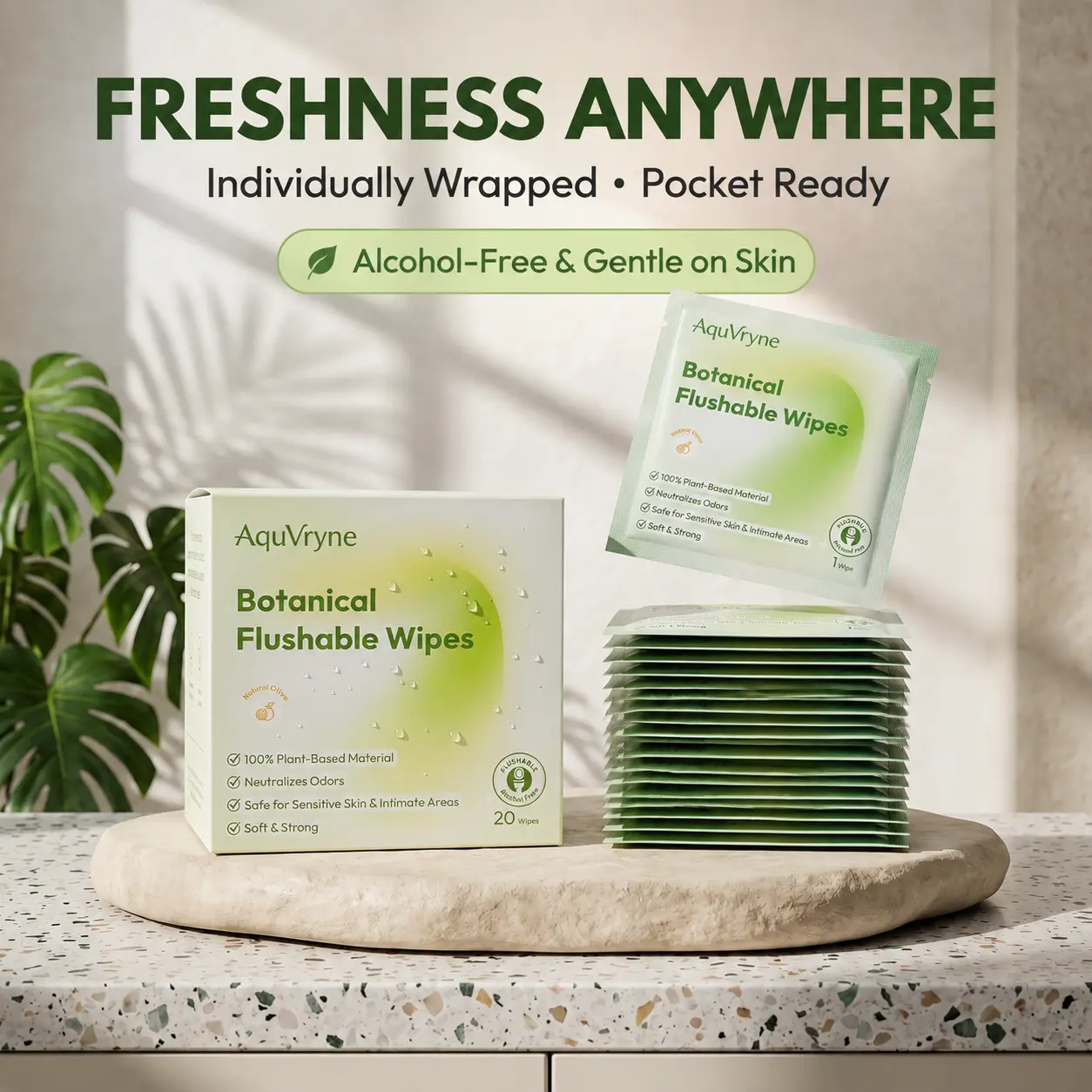 AquVryne Flushable Wipes, Mini Wipes for Travel & Hygiene, Individually Wrapped Full-Size Wipes, Mini Toiletries For Purse, Ph Balance & Alcohol Free & Odor Control, 20/40 Packs