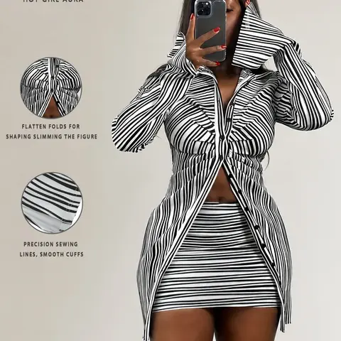 Two-Piece Set Women's Striped Print Ruched Split Sleeve Shirt & High Waist Skirt Set, Button Front Collared Top & Bodycon Skirt Set For Spring & Fall, Women's Clothes For Daily Wear Casual Fit Style, Casual Fashion Set Two Pieces Sets