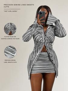 two-piece set women's striped print ruched split sleeve shirt & high waist skirt set, button front collared top & bodycon skirt set for fall, outfit sets for women, women's clothes for daily wear, downtown girl clothes valentine's day, gift