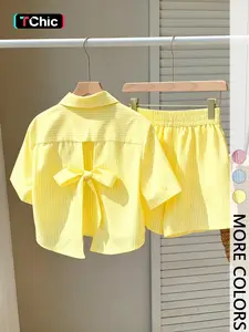 Women's 2-Piece Set, Folded Neck Short Sleeve Hollow Out Tie Back Top + Casual Shorts, Daily Wear Party Essential, Stylish and Comfortable