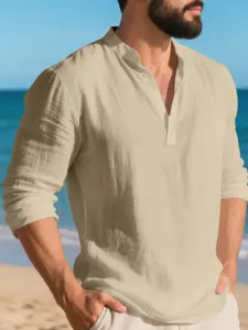 Men's button-down linen shirt, stylish with loose and casual fit, breathable V-neck Henry shirt, long-sleeved T-shirt, POLO shirt. Suitable for daily outdoor activities in summer, beach vacation outings.