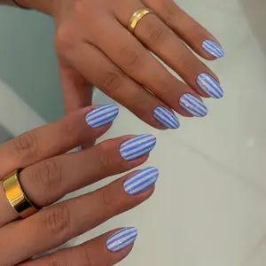 Blue White Striped Almond Press On Nails | Nautical Summer Beach Fake Nails