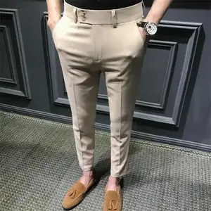 Men's Fashion Slim Fit Comfortable Ankle Length Suit Pants Casual Elastic Soild Small Foot Nine Point Pants Commuting Wear(Sheet)