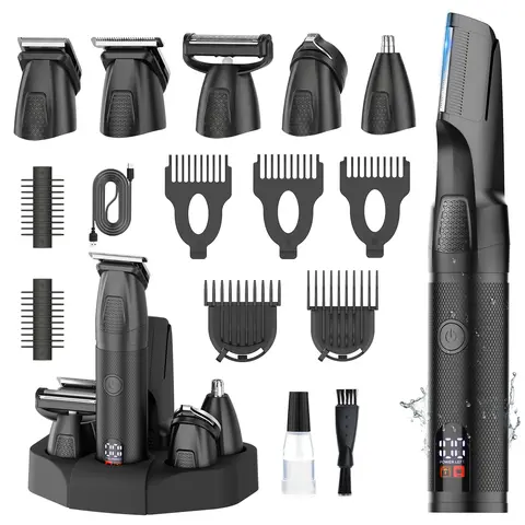 AMULISS 6-in-1 Body Care Rechargeable Battery Electric Trimmer for Men - Waterproof, Wet/Dry, No Nick, Type-C Dock Charge, Full-Body Control, LED Display, Pubic Groin Shaver - Cool Mens Gift for Him