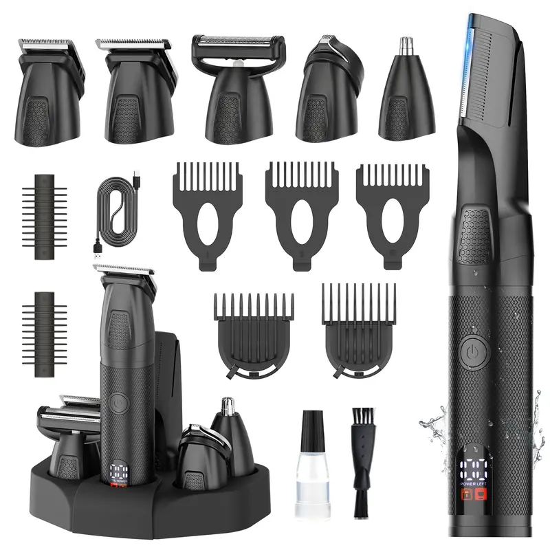 AMULISS 6-in-1 Body Care Rechargeable Battery Electric Trimmer for Men - Waterproof, Wet/Dry, No Nick, Type-C Dock Charge, Full-Body Control, LED Display, Pubic Groin Shaver - Cool Mens Gift for Him