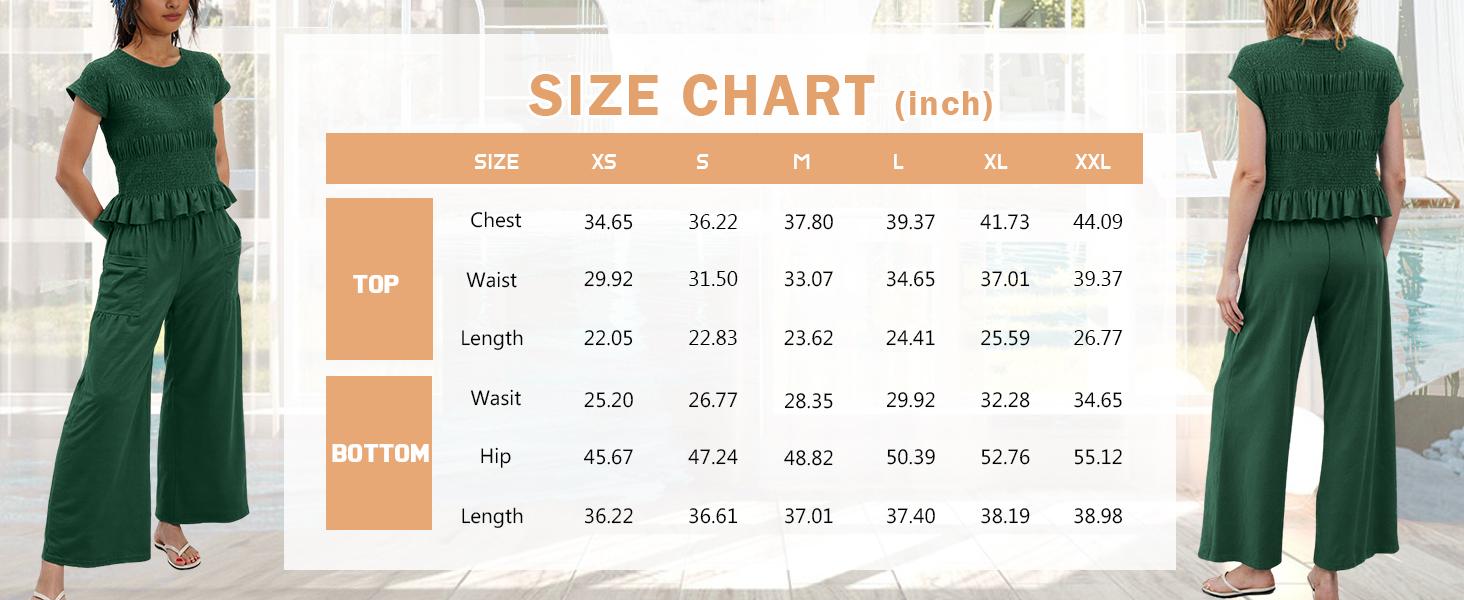 Mundoven Women's 2-piece smocked Top & Wide-leg pants Set-High waisted Lounge Outfit with Pockets Casual Boho Matching Set