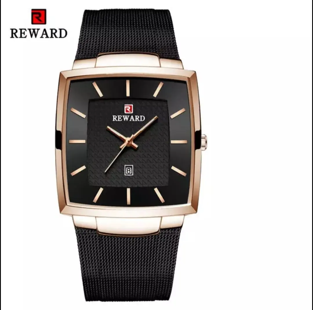 REWARD Men's Square Watch in Stainless Steel with 30m Water Resistance & Quartz Movement - Black Dial, 48mm Case, 22mm Band Modern Fashionable Wristwatch
