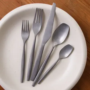 Bloomhouse 20 Piece Stone Washed Flatware 18/10 Stainless Steel Silverware Cutlery Utensil Set With Acacia Wood Caddy