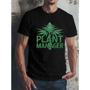 Men's 100% Cotton Plant Manager T-Shirt - Crew Neck Tee with Green Leaf & Weed Print, All-Season Comfort for Growers, Dispensary Staff & Enthusiasts (Black)