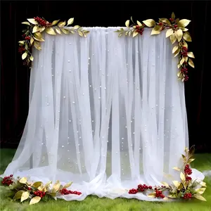 Single piece, white pearl-embroidered tulle, size: 30*119inch or 63*119inch, suitable for wedding ceremony arch decorations, wedding arch cover, stage backdrops, banquet table decorations, Christmas decorations, and ceiling decorations.