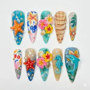 Summer Tropical 3D Press On Nails | Vibrant Starfish & Shell Embossed | 2026 Trend Ocean Beach Vacation Pearl Art