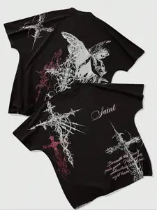 ROMWE Men's Gothic Style Short-Sleeve T-Shirt with Batwing Print, Casual Spring/Summer Clothing
