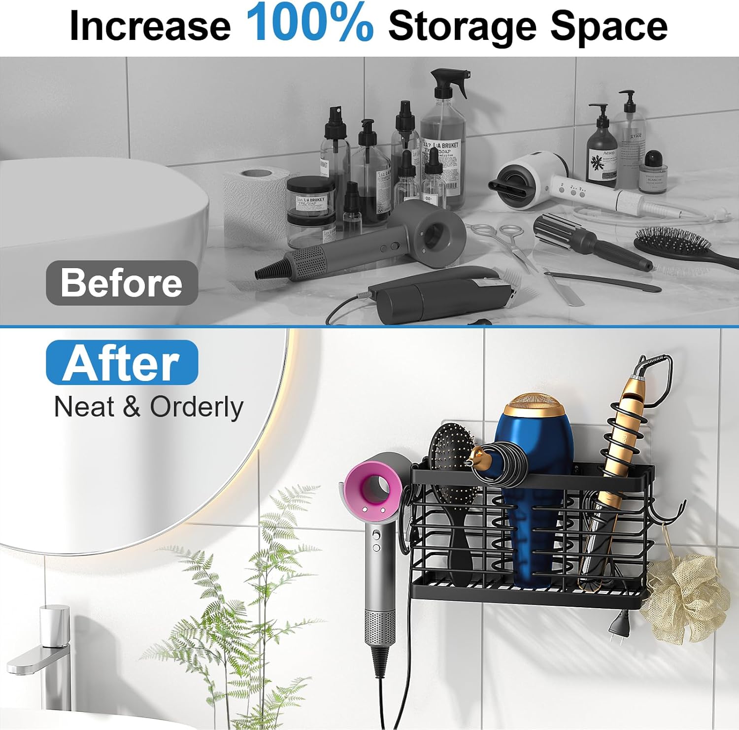 Hair Tool Organizer, Upgraded 3-in-1 Universal Hair Dryer Holder, Adjustable Height Metal Blow Dryer Holder Wall Mounted/Over Cabinet Door/Free-Standing