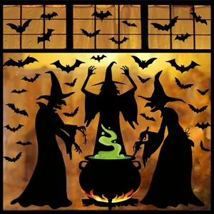 3 Sheets Halloween Witches Window Clings Decor Extra Large Witches with Cauldron Bats Silhouette Double Sided Halloween Window Decals Wicked Witch Windows Stickers for Party School Home Office Glass