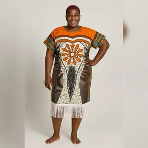 Vibrant African Print Kaftan Dress with Fringe Detail and Colorful Artwork for Women Womenswear Elegance Style Summer