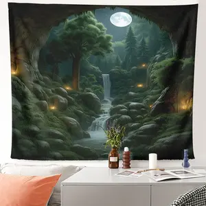 1pc Healing Greenery Waterfall Backdrop Tapestry Ceiling Decor Bedroom Living Room Wall Decor Home Office Bohemian Nature Mural Eco-friendly Digital Print