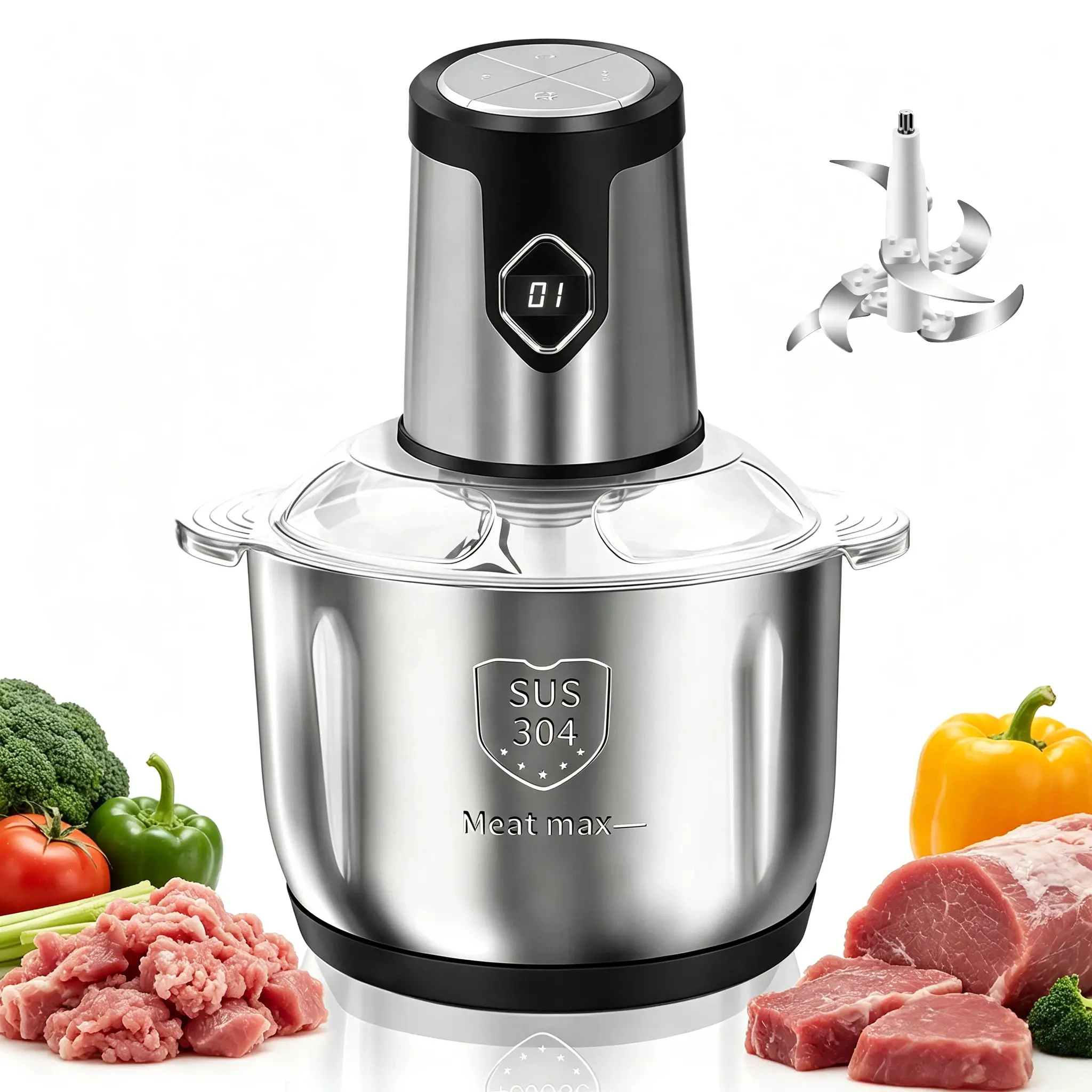 500W Multifunctional Electric Food Processor, 17 Cup(5L) SUS304 Stainless Steel Meat Grinder with Real‑time Runtime Display, 6‑Blade Kitchen Food Chopper for Family Meal Prep, Dough, Vegetables & Homemade Baby Food