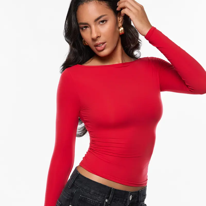 INLYRIC Women's Inbarely Ultra Long Sleeve Shirts Boat Neck Double Lined Going Out Tops Tight Fit Basic Tees