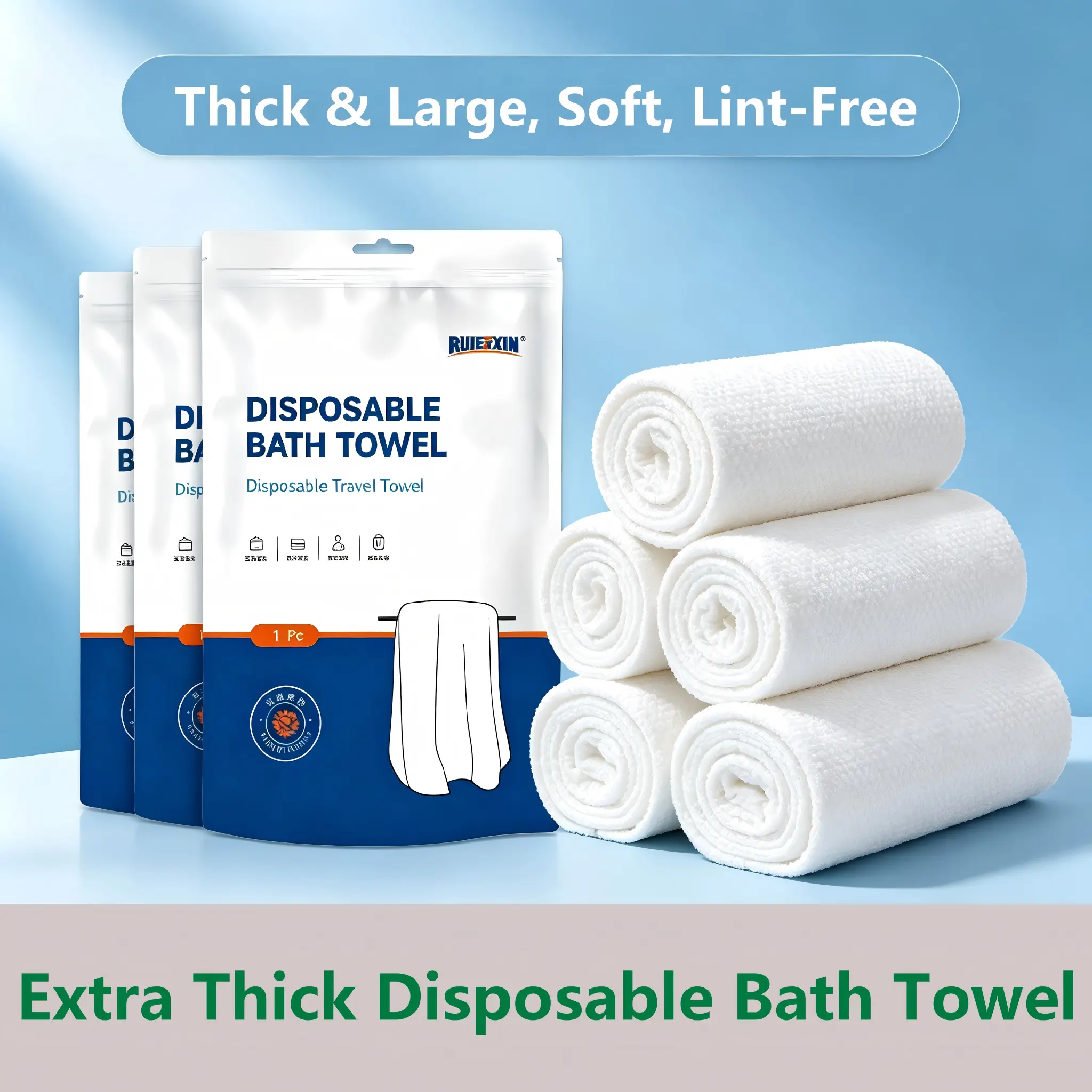 5-Pack Portable Disposable Bath Towels, Thickened & Enlarged, Individually Wrapped Soft Solid Color Absorbent Clean Towels, Super Absorbent Luxurious Microfiber Cleaning Bath Towel  For Travel & Household Use