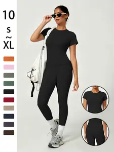 2-piece Set - Solid Color Round-neck T-shirt Short Sleeves + Women's High-waisted Slim-fit Athletic Pants for A Tight and Curvaceous Silhouette. A Comfortable Outfit Suitable for Daily Home Wear. Sportswear Gym Workout Set