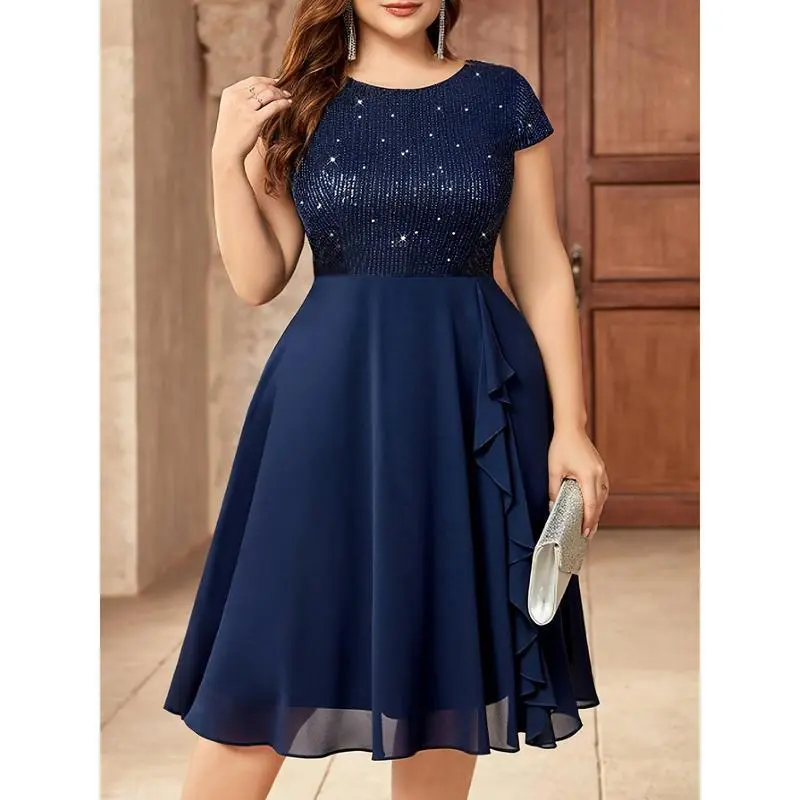 Women'S Plus-Size Chiffon Dress with Sequin Patchwork Formal Womenswear