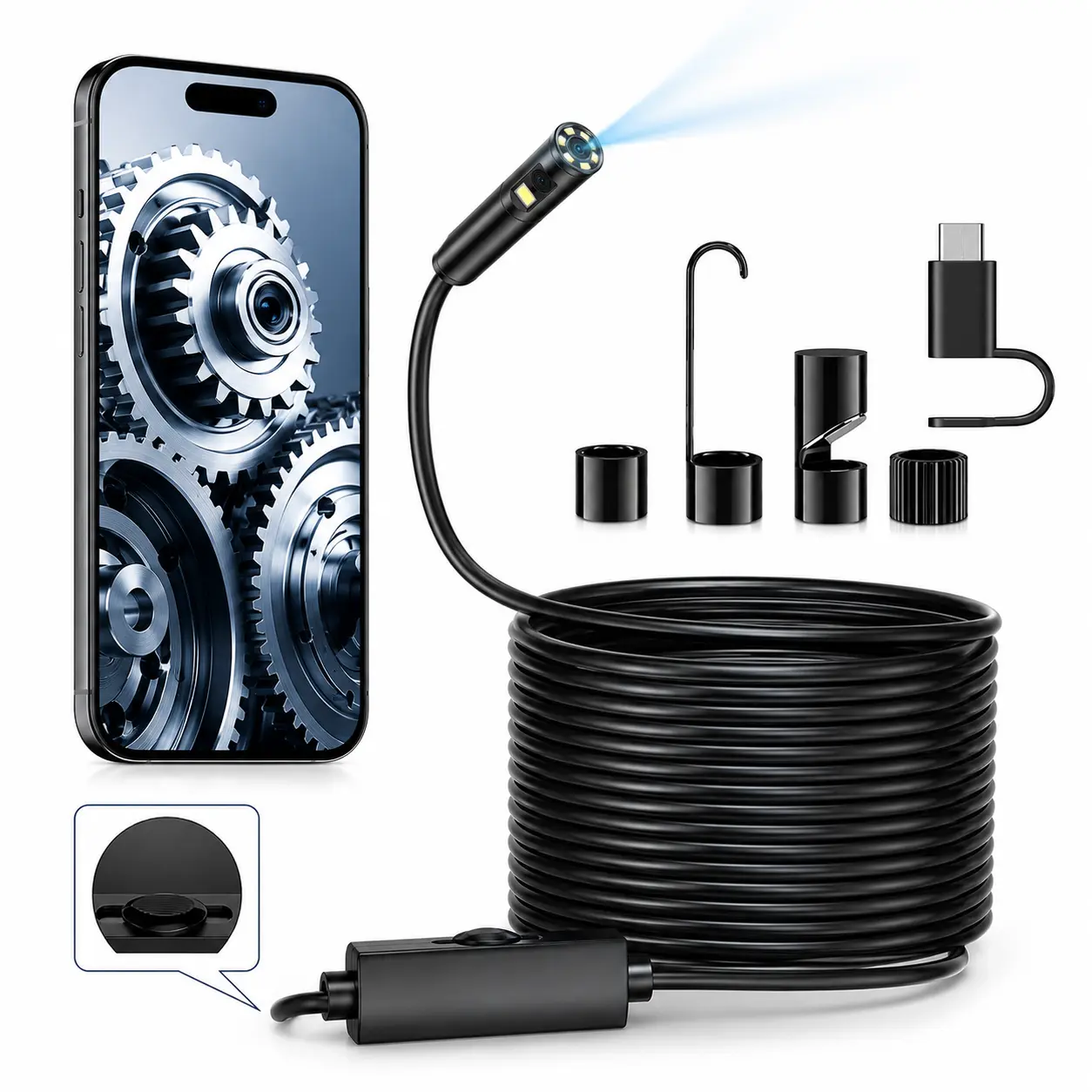 Endoscope Camera with Light, 1920P HD Borescope Tools with 8 Adjustable LED Lights, Endoscope with Semi-Rigid Snake Camera, Inspection Borescope for iOS and Android - 16.4ft Single Lens