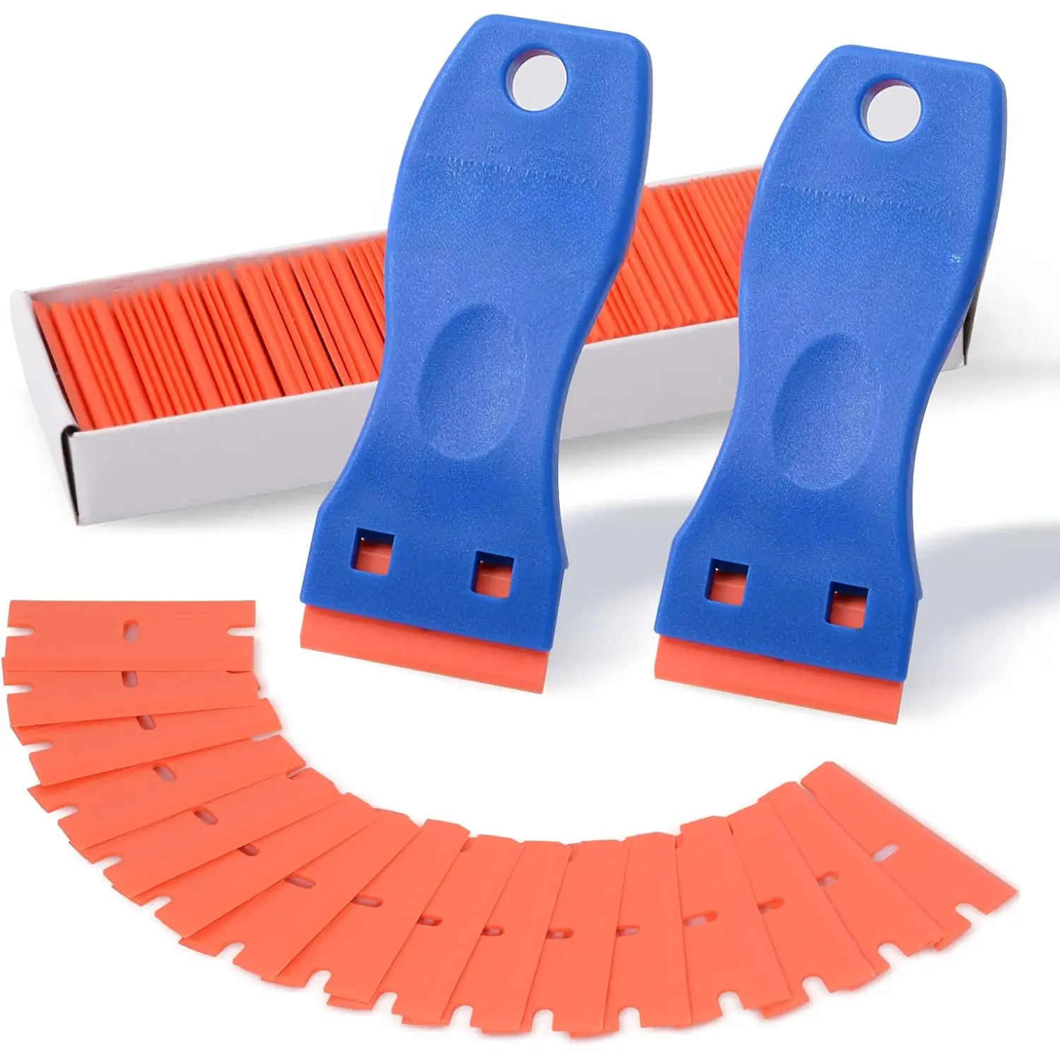 Plastic Razor  Scraper Include 2 count Scraper Tool and 100 count  for Gasket Remover, Labels Decal and Adhesive Remover for Windows and Glass,Blue