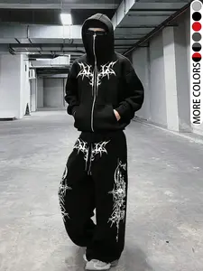 Men's Gothic Pattern Zip Hoodie Set with Wide Leg Pants, Street Dark Fashion, Trendy Casual Sportswear, Outdoor School Hip-Hop Style, Hoodie Sweatsuit Set