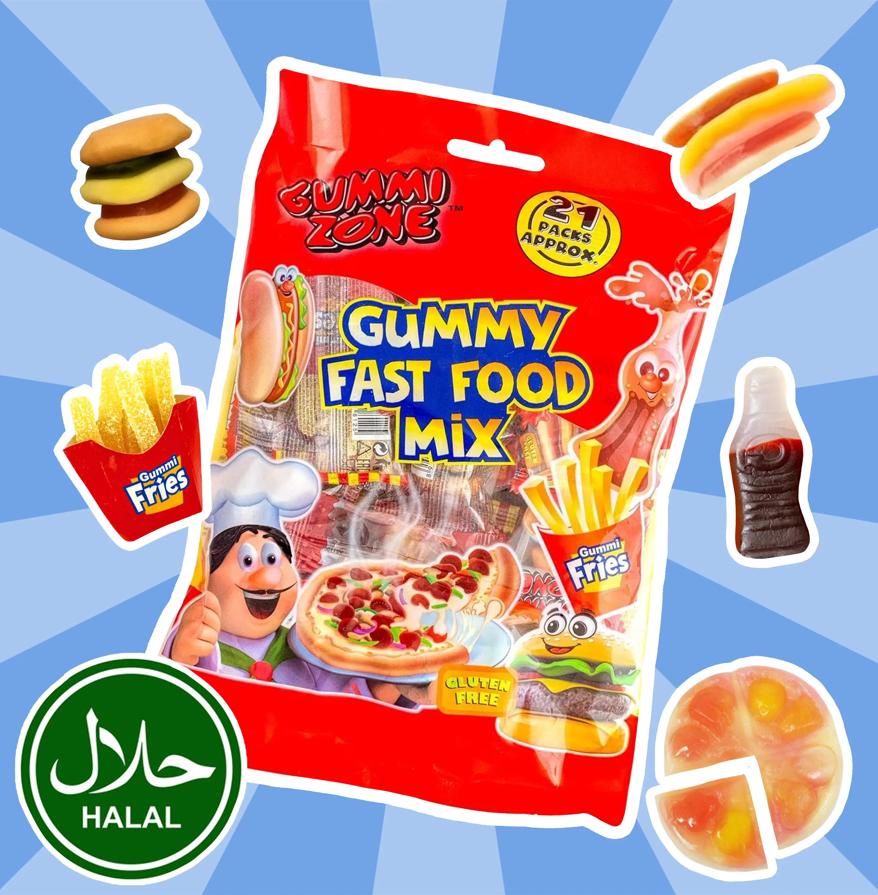 Halal Gummy Fast Food Mix – Burger, Pizza, Fries & Soda Shaped Candy Bag Halal Gummy Fast Food Mix – Burger, Pizza, Fries & Soda Shaped Candy Bag