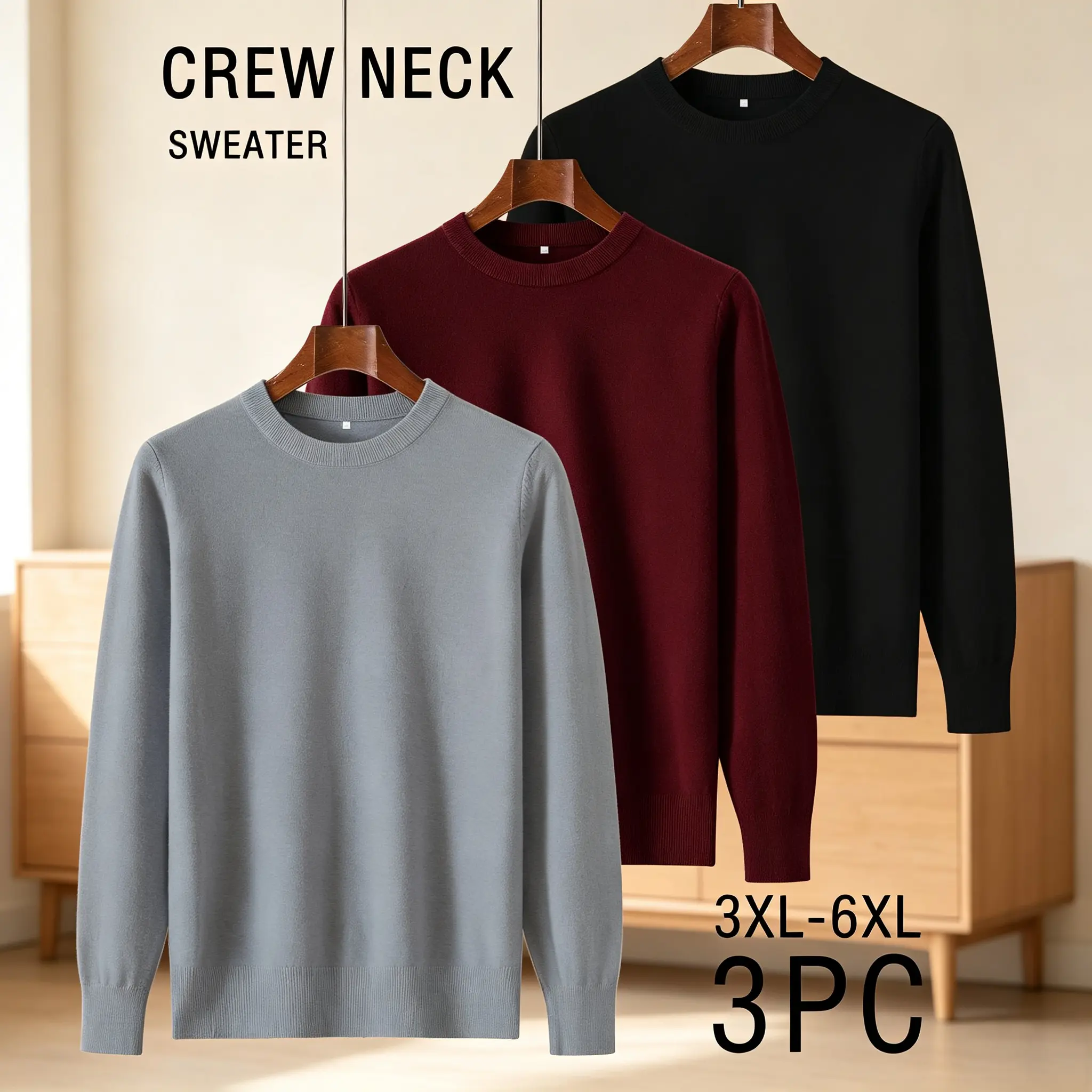 Men’s 3-Pack Plus Size Crew Neck Knit Pullover Sweaters - Natural Smooth Stretch Fabric Menswear, Solid Long Sleeve Daily & Office Layering Tops (3XL-6XL)