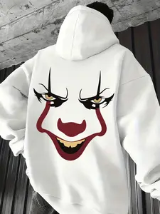 Men's Oversized Pennywise IT Horror Graphic Hoodie - Trendy 2025 Streetwear Oversized Long Sweatshirt, Scary Clown Print Pullover, Spooky Halloween Horror Merch, Comfortable Baggy Fit Hooded Sweatshirt for Casual Wear, Stephen King Movie Fan Gift