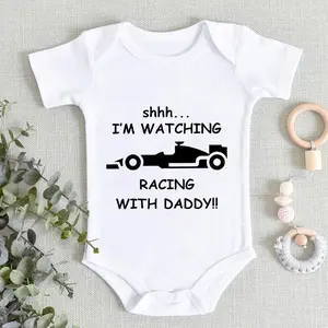 Baby Boy Bodysuits I'm Watching Racing with Daddy Print Romper Short Sleeve 100% Cotton Funny Racing Pattern Newborn Jumpsuits