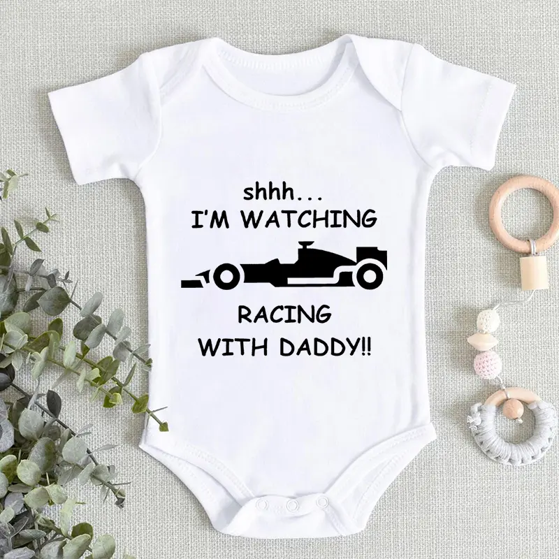 Baby Boy Clothes Funny Romper, Soft 100% Cotton Short-Sleeve Bodysuit with "Racing with Daddy" Print for Newborns, Fitted, Envelope Neck, Diaper, Snap Buttons, Soft Cotton, All Seasons, Newborn Sizes, 0 - 3 Months, Skin-Friendly, Cute