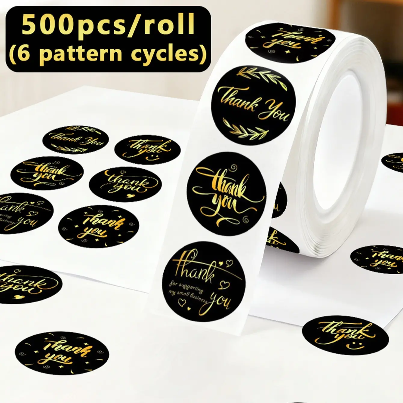 500 Sheets Per Roll Gold Foil Thank You Stickers, Self-Adhesive Round Graffiti Stickers, Waterproof PVC Decorative Labels, Sticky Labels, Sticker Packs, Decorative Decal