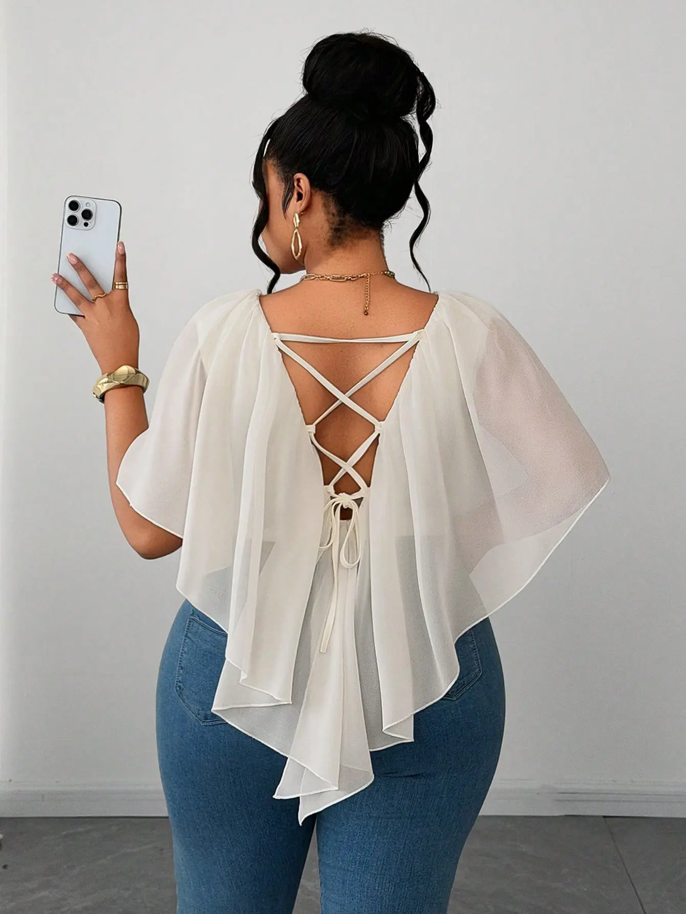 LALUZ Plus Size French Sexy V-Neck Ruffle Trim Vacation Blouse Boho Chic Loose Summer Top For Beach Vacations Going Out