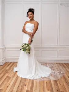 The Adele Gown - Bridal Gown Wedding Dress Strapless Straight across neckline Long train with Lace Appliques